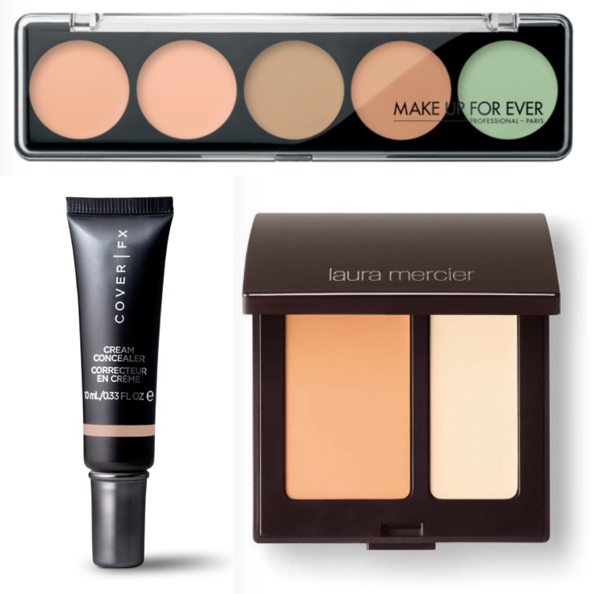 MAKE UP FOR EVER 5 Camouflage Cream Palette Color Correct & Concealer; Cover FX Cream Concealer; Laura Mercier Secret Camouflage